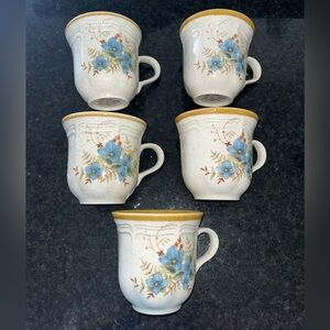 Mikasa Cream Ceramic Mugs with Blue Floral Pattern and Gold Rim - Set of 5